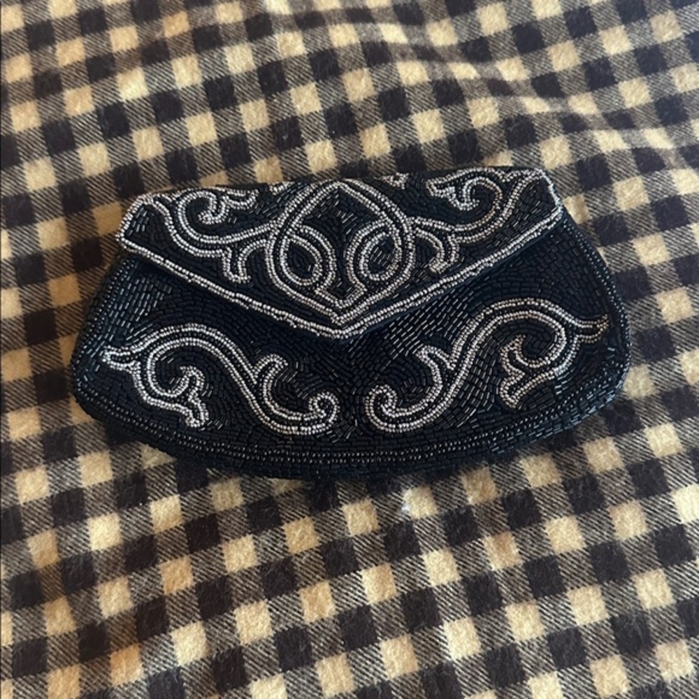 Vintage Black & Silver Seed Bead Clutch, made in France